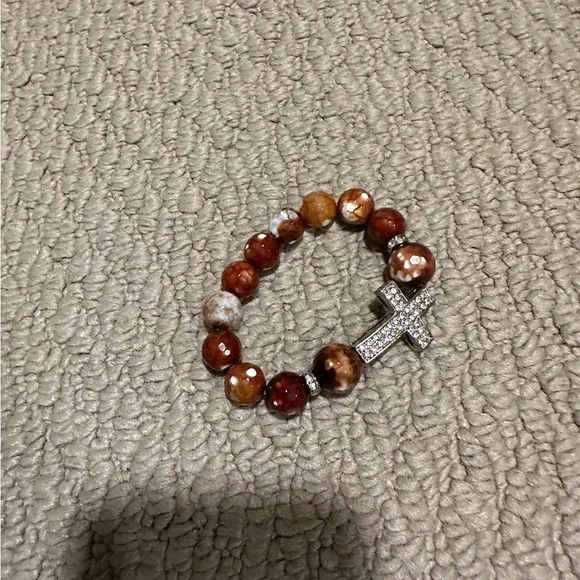 Brown Beaded Bracelet with Silver Cross - Picture 2 of 2